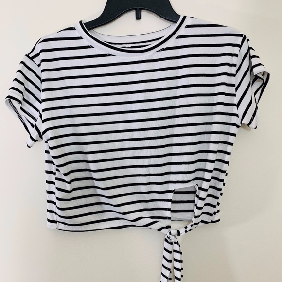 Brandless Tops - 3/$15! Black & White Striped Crop w/ Front Tie; S